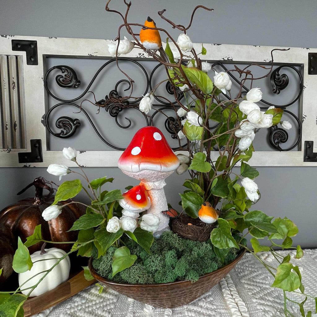 Bird Nest Centerpiece with Mushroom in Copper Glass Bowl Everyday