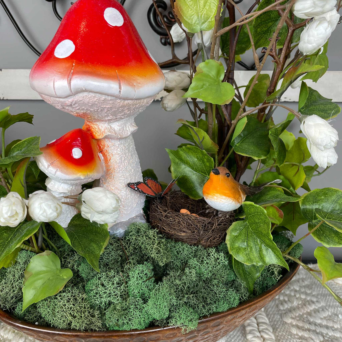 Bird Nest Centerpiece with Mushroom in Copper Glass Bowl Everyday