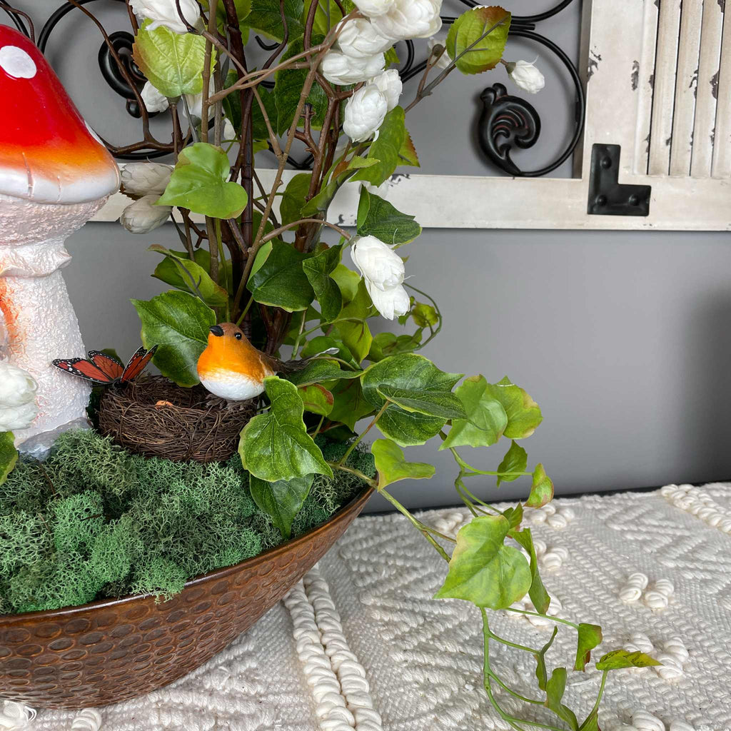 Bird Nest Centerpiece with Mushroom in Copper Glass Bowl Everyday
