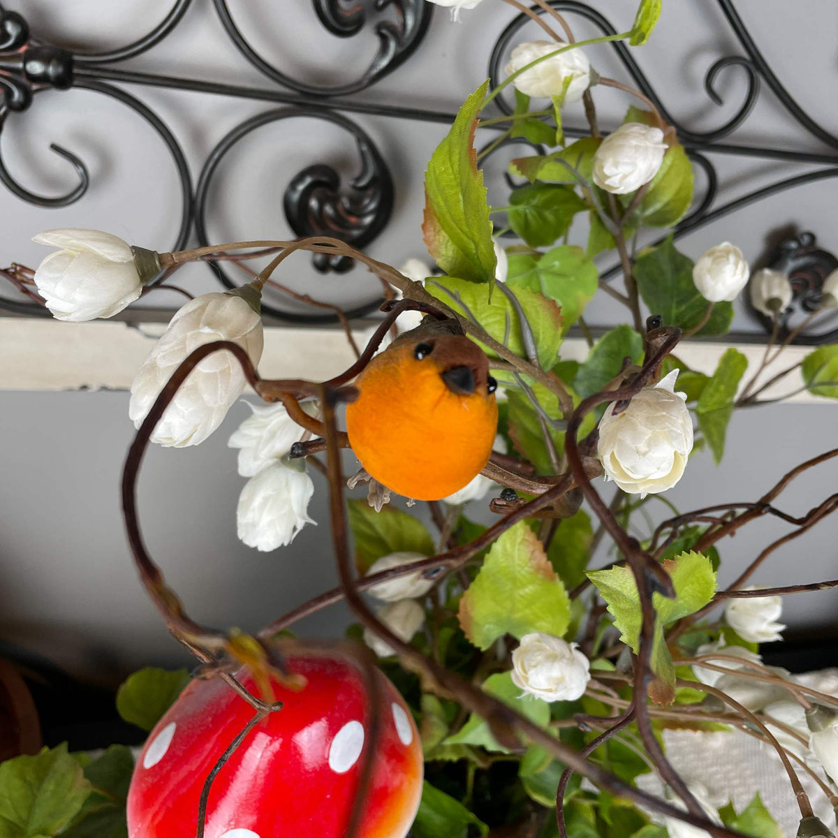 Bird Nest Centerpiece with Mushroom in Copper Glass Bowl Everyday