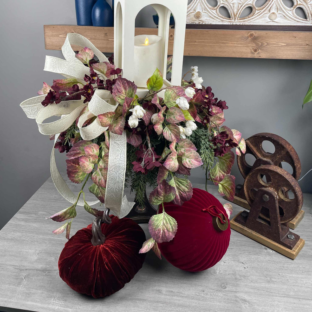 Multi Season Candlestick with Velvet Pumpkin Ornament & Lantern