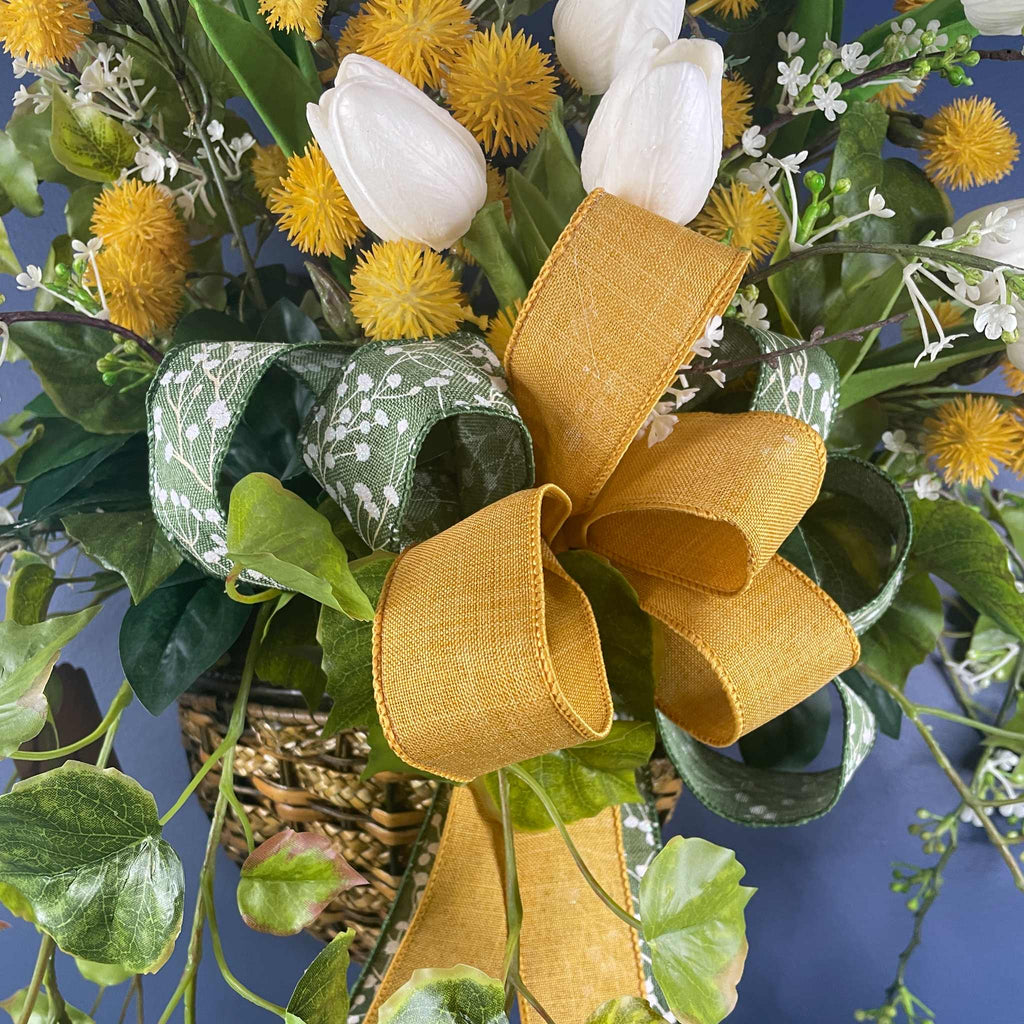 Vintage Wall/Door Basket with Metal Scrollwork Mustard Yellow White Tulips