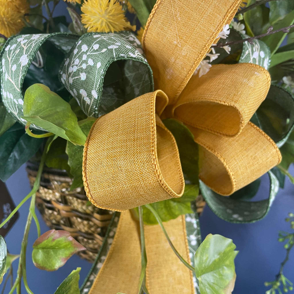 Vintage Wall/Door Basket with Metal Scrollwork Mustard Yellow White Tulips