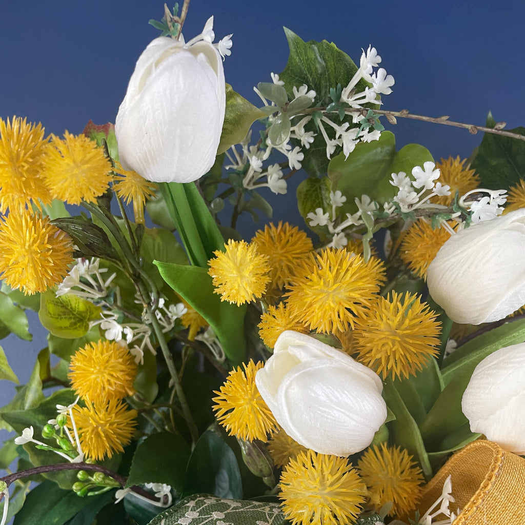 Vintage Wall/Door Basket with Metal Scrollwork Mustard Yellow White Tulips