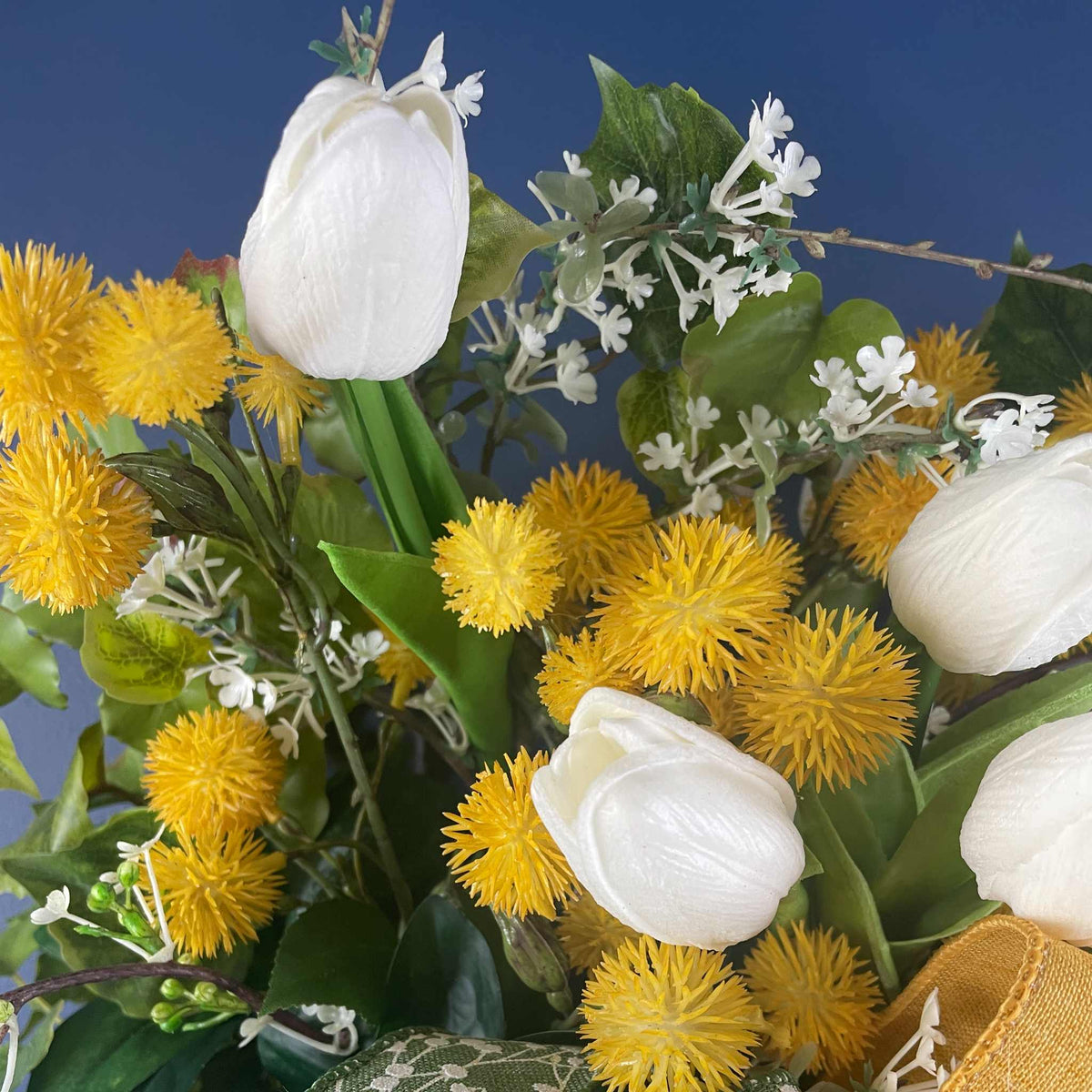 Vintage Wall/Door Basket with Metal Scrollwork Mustard Yellow White Tulips