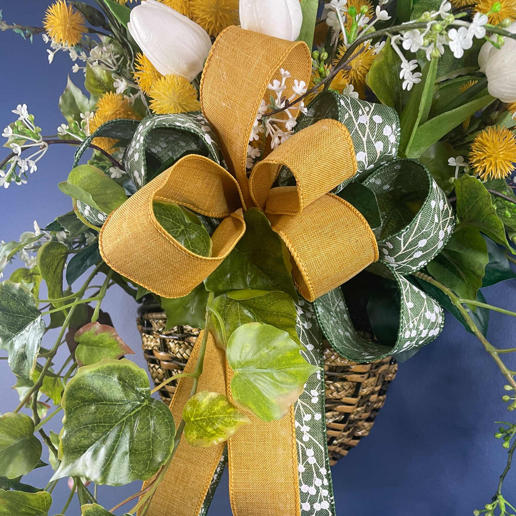 Vintage Wall/Door Basket with Metal Scrollwork Mustard Yellow White Tulips
