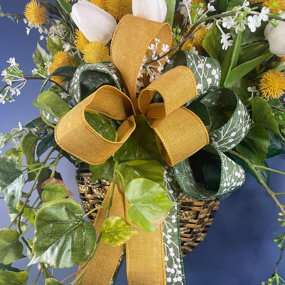 Vintage Wall/Door Basket with Metal Scrollwork Mustard Yellow White Tulips