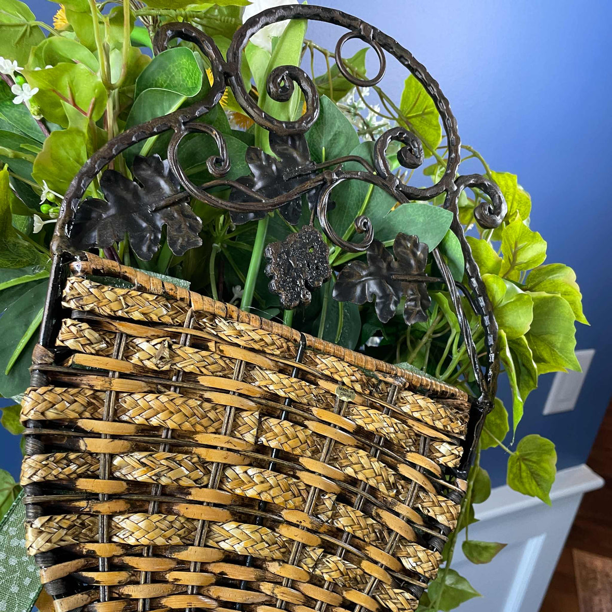 Vintage Wall/Door Basket with Metal Scrollwork Mustard Yellow White Tulips