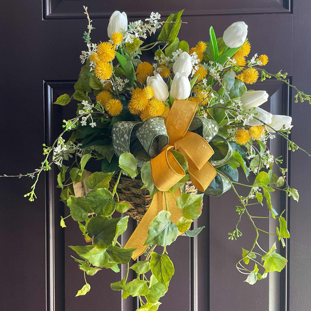 Vintage Wall/Door Basket with Metal Scrollwork Mustard Yellow White Tulips