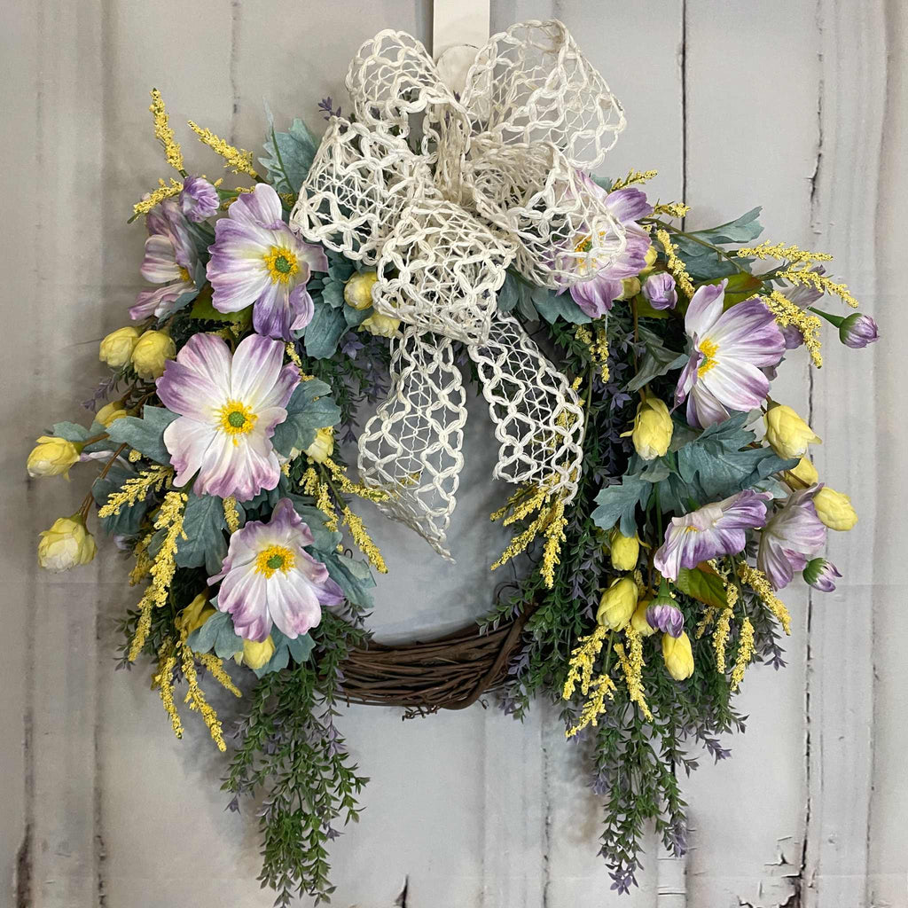 Spring  Wreath with Lavender Cosmos, Yellow Buds & Cream Bow