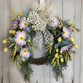 Spring  Wreath with Lavender Cosmos, Yellow Buds & Cream Bow