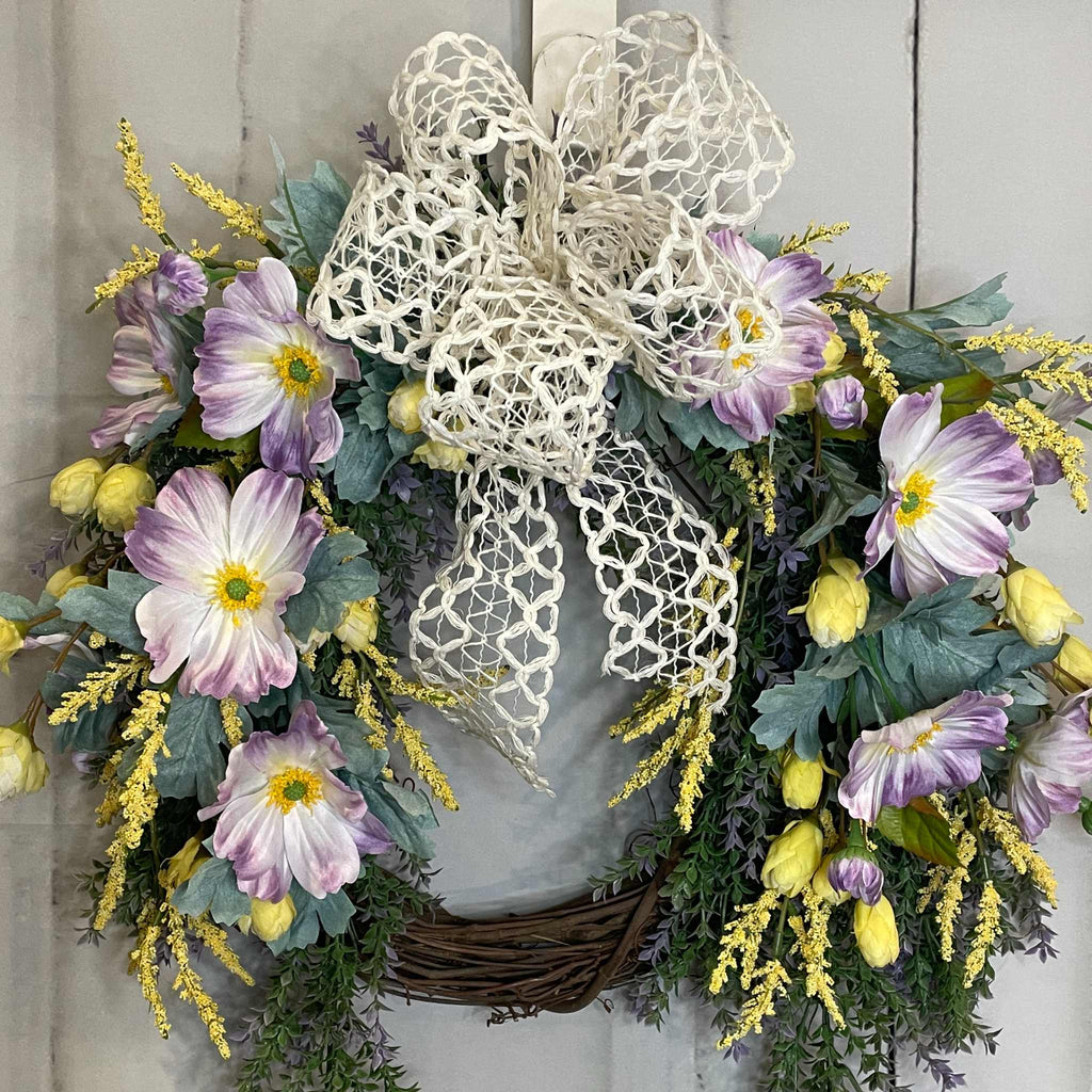 Spring  Wreath with Lavender Cosmos, Yellow Buds & Cream Bow