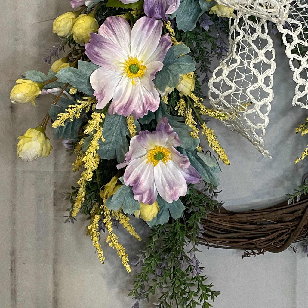 Spring  Wreath with Lavender Cosmos, Yellow Buds & Cream Bow