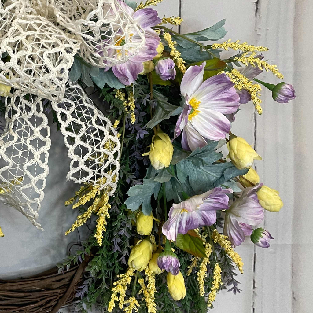 Spring  Wreath with Lavender Cosmos, Yellow Buds & Cream Bow