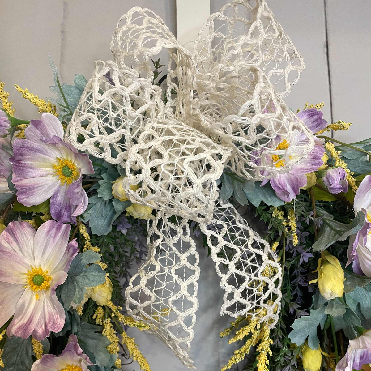 Spring  Wreath with Lavender Cosmos, Yellow Buds & Cream Bow