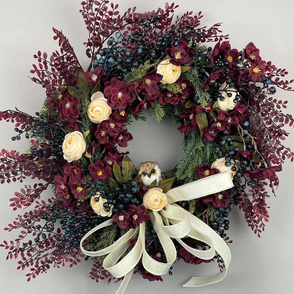 Burgundy and Cream Fall Wreath with Owl and Evergreen Accents