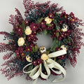 Burgundy and Cream Fall Wreath with Owl and Evergreen Accents
