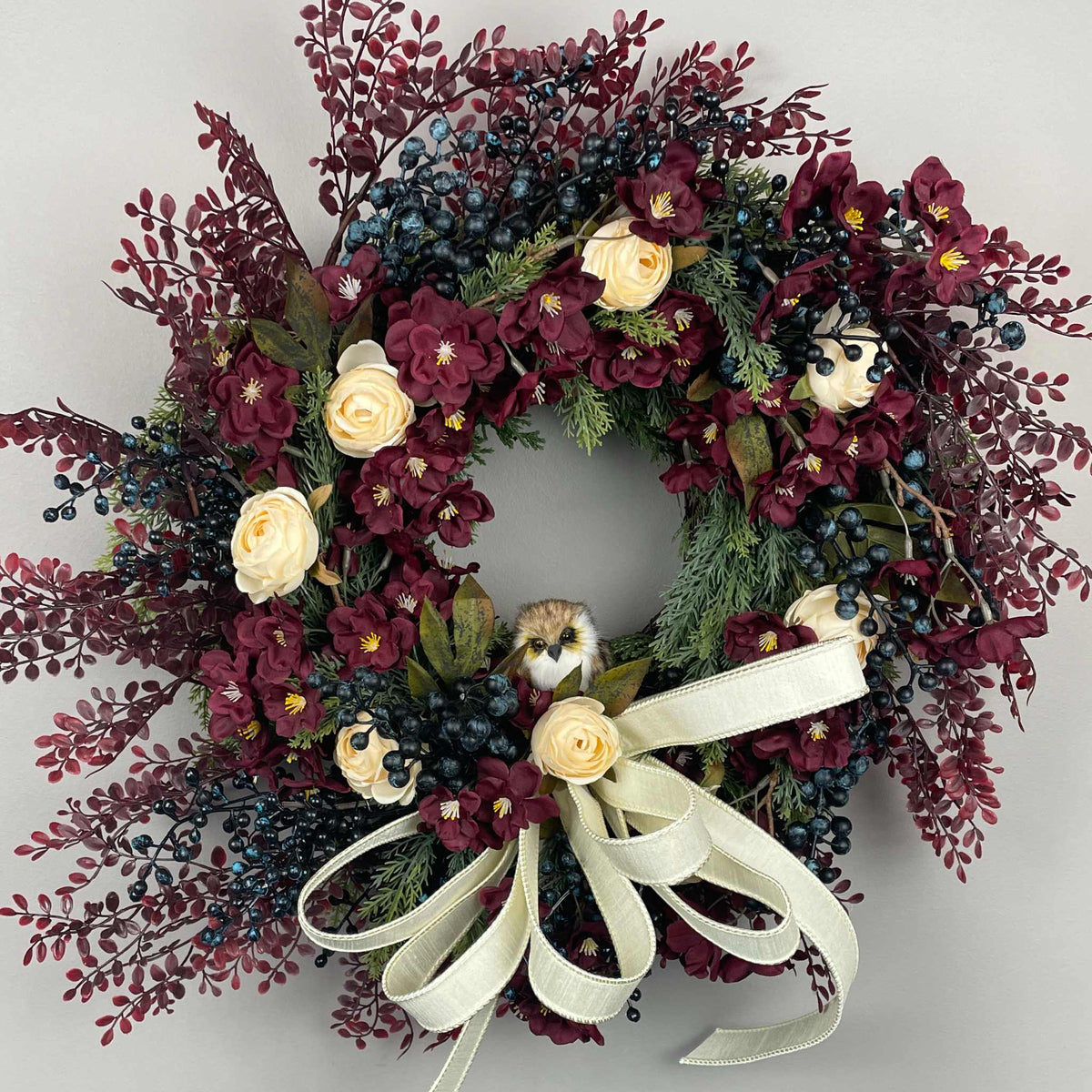 Burgundy and Cream Fall Wreath with Owl and Evergreen Accents