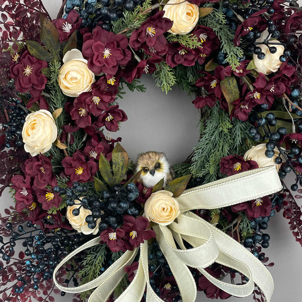 Burgundy and Cream Fall Wreath with Owl and Evergreen Accents