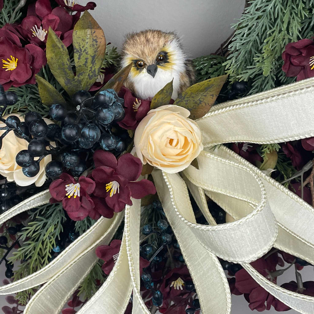 Burgundy and Cream Fall Wreath with Owl and Evergreen Accents
