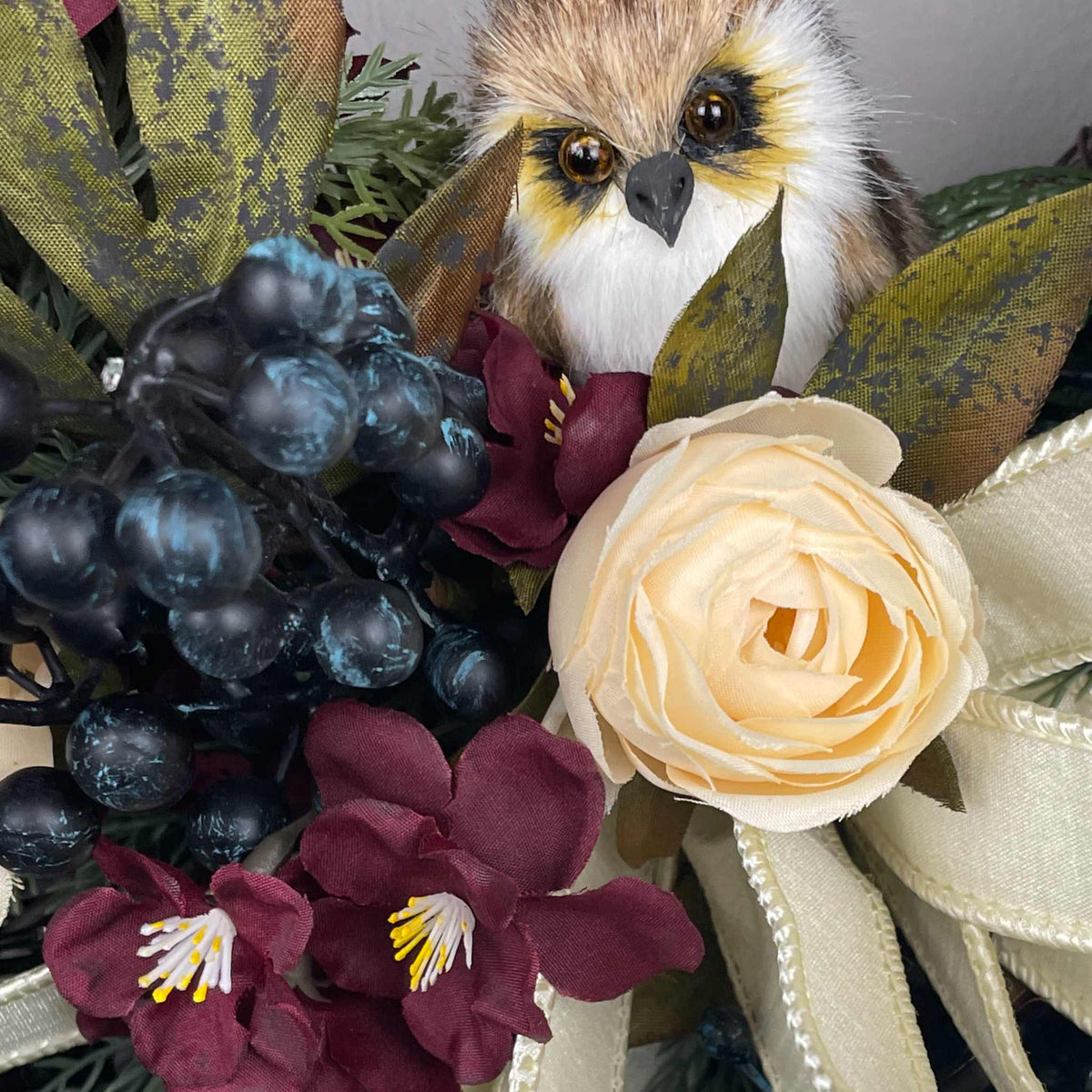 Burgundy and Cream Fall Wreath with Owl and Evergreen Accents