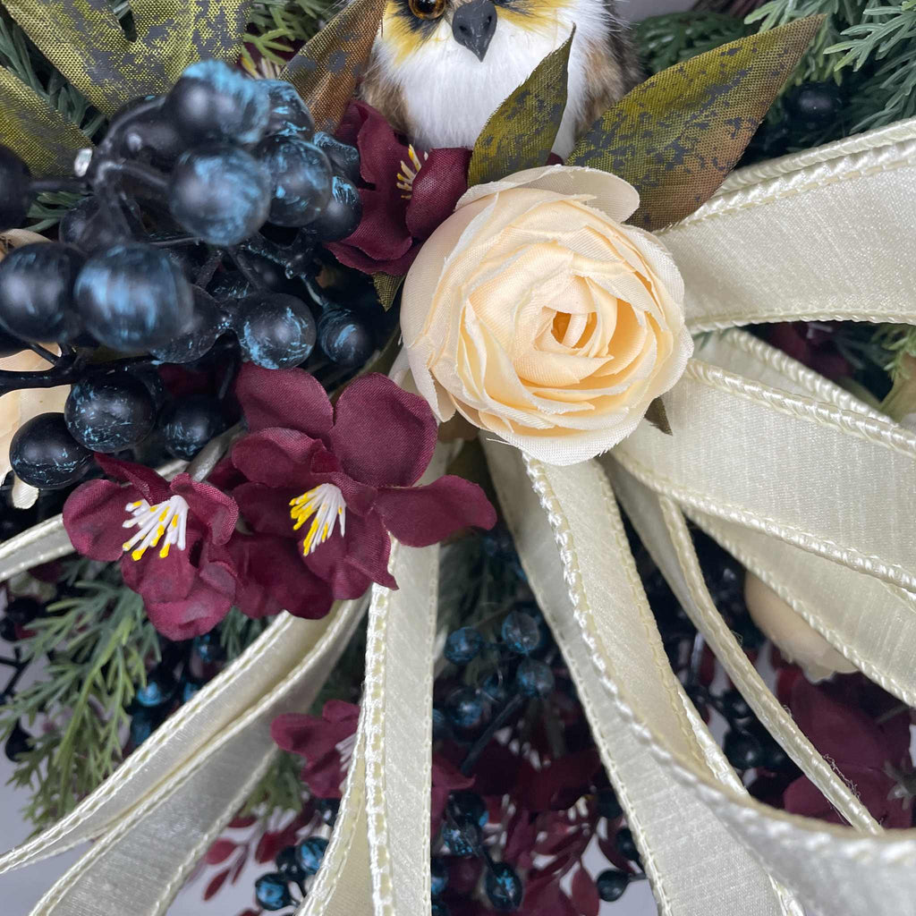 Burgundy and Cream Fall Wreath with Owl and Evergreen Accents