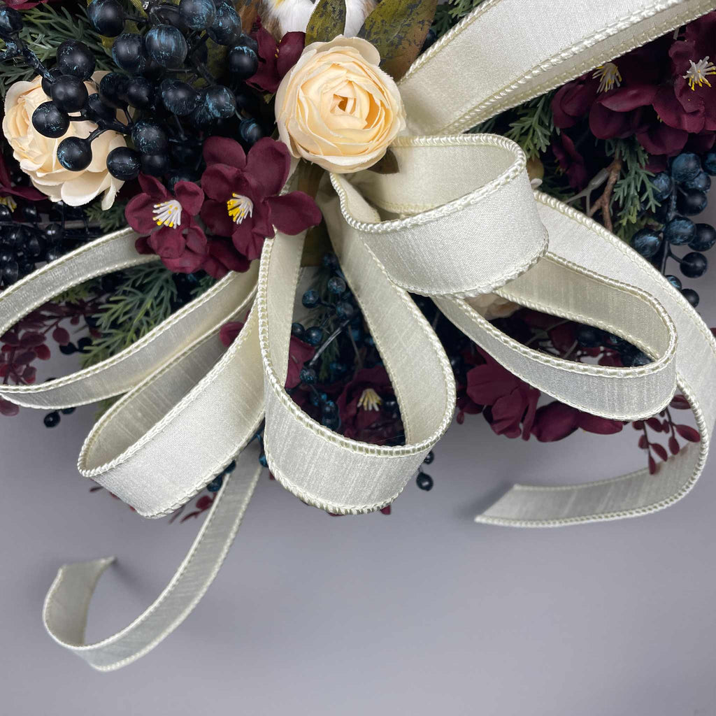 Burgundy and Cream Fall Wreath with Owl and Evergreen Accents
