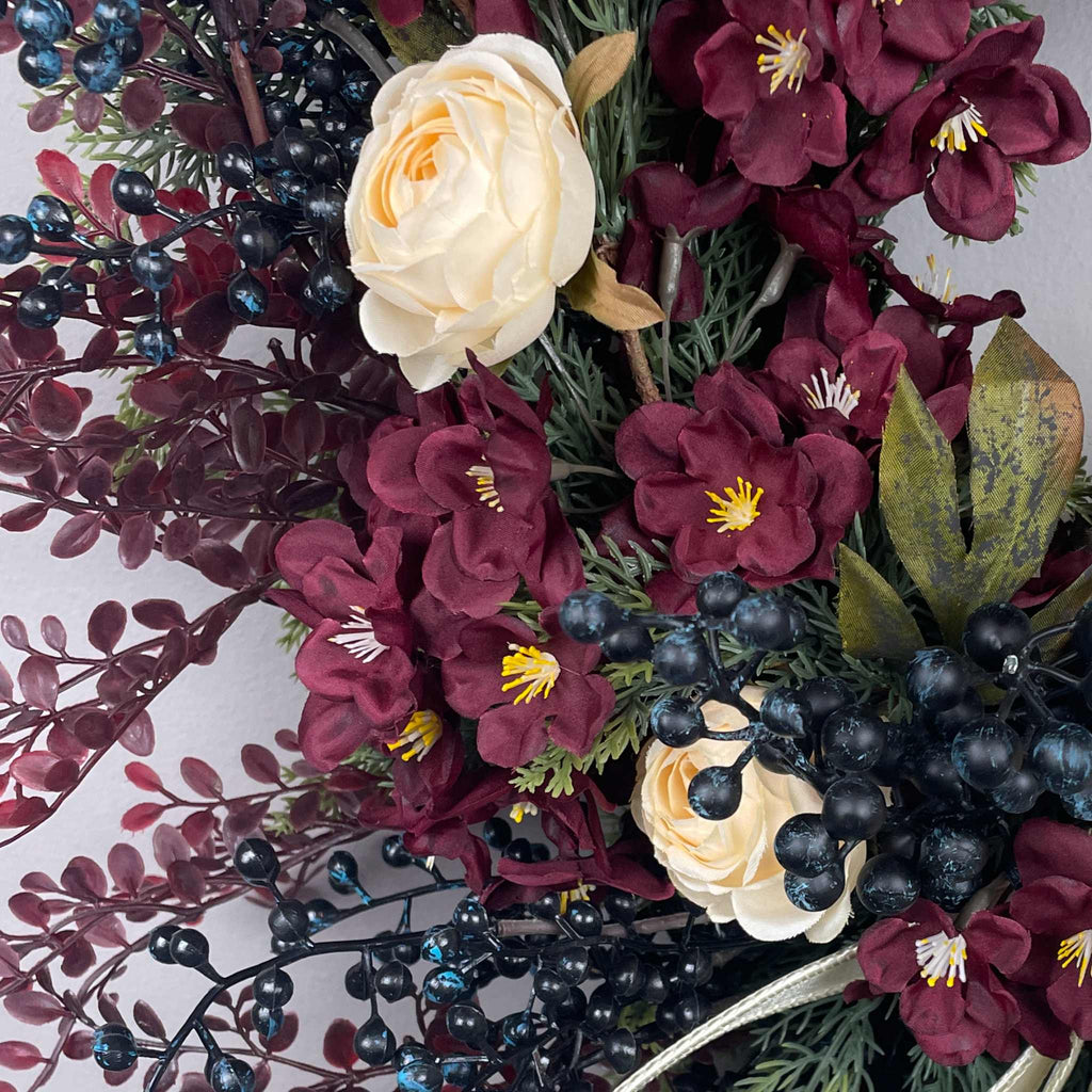 Burgundy and Cream Fall Wreath with Owl and Evergreen Accents