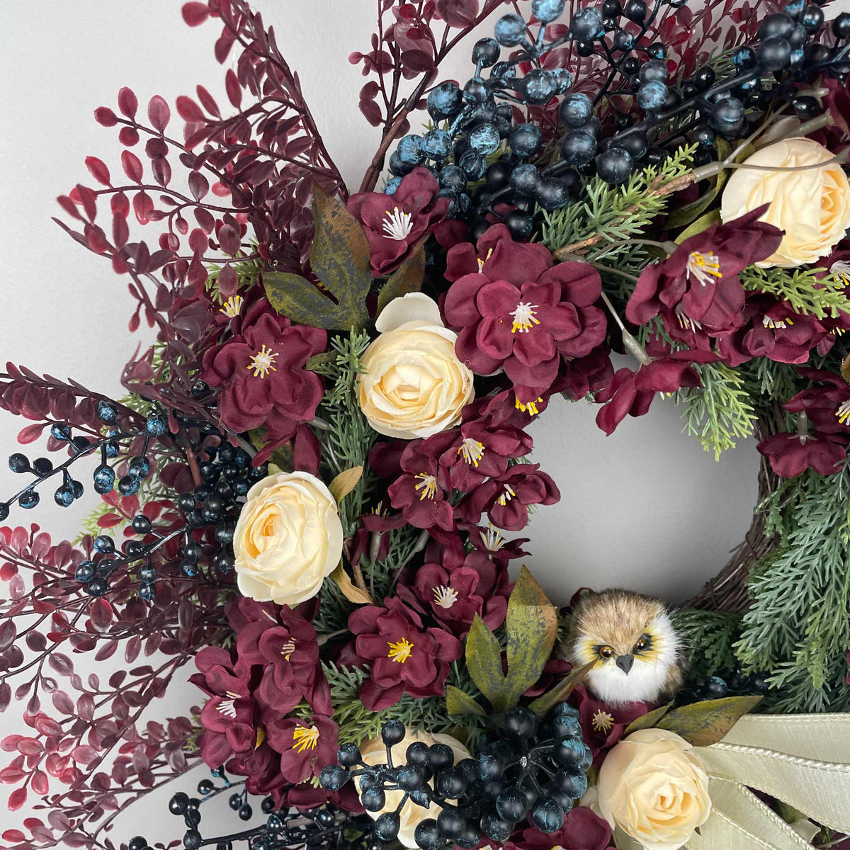 Burgundy and Cream Fall Wreath with Owl and Evergreen Accents