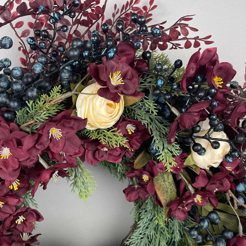 Burgundy and Cream Fall Wreath with Owl and Evergreen Accents