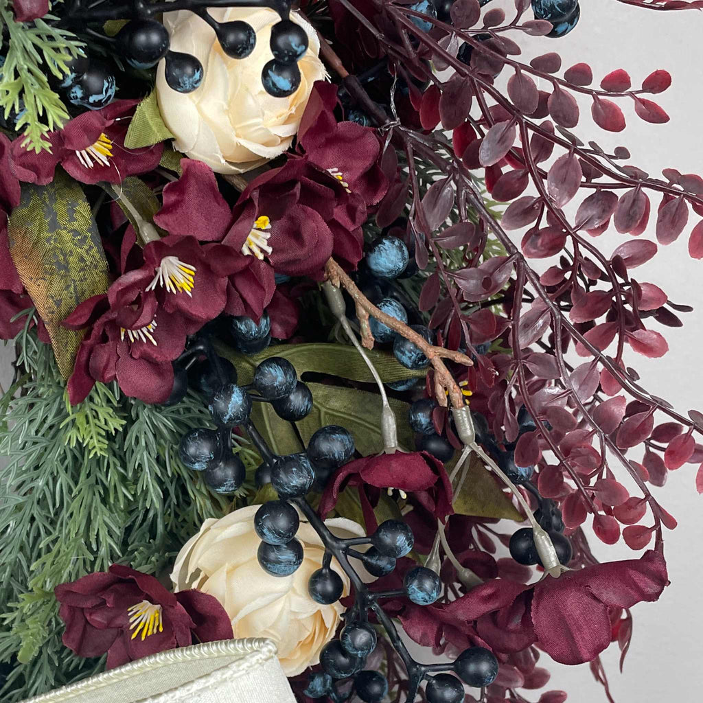 Burgundy and Cream Fall Wreath with Owl and Evergreen Accents