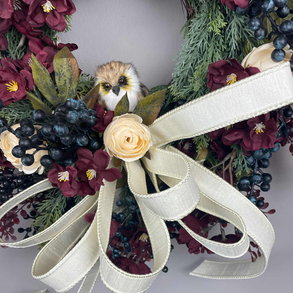 Burgundy and Cream Fall Wreath with Owl and Evergreen Accents