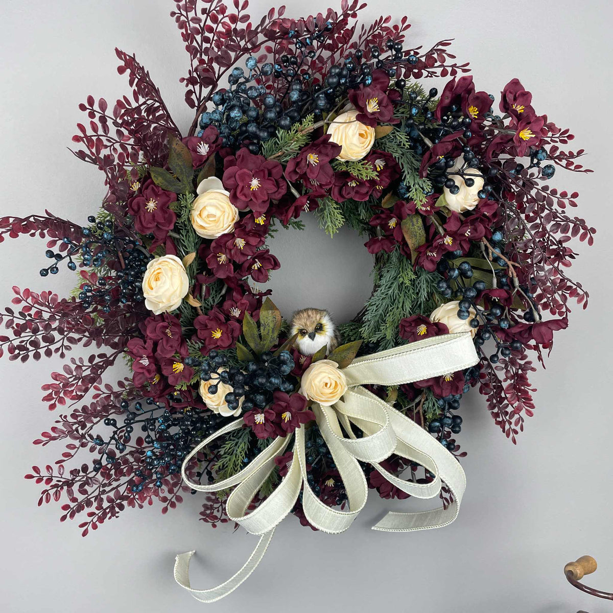 Burgundy and Cream Fall Wreath with Owl and Evergreen Accents