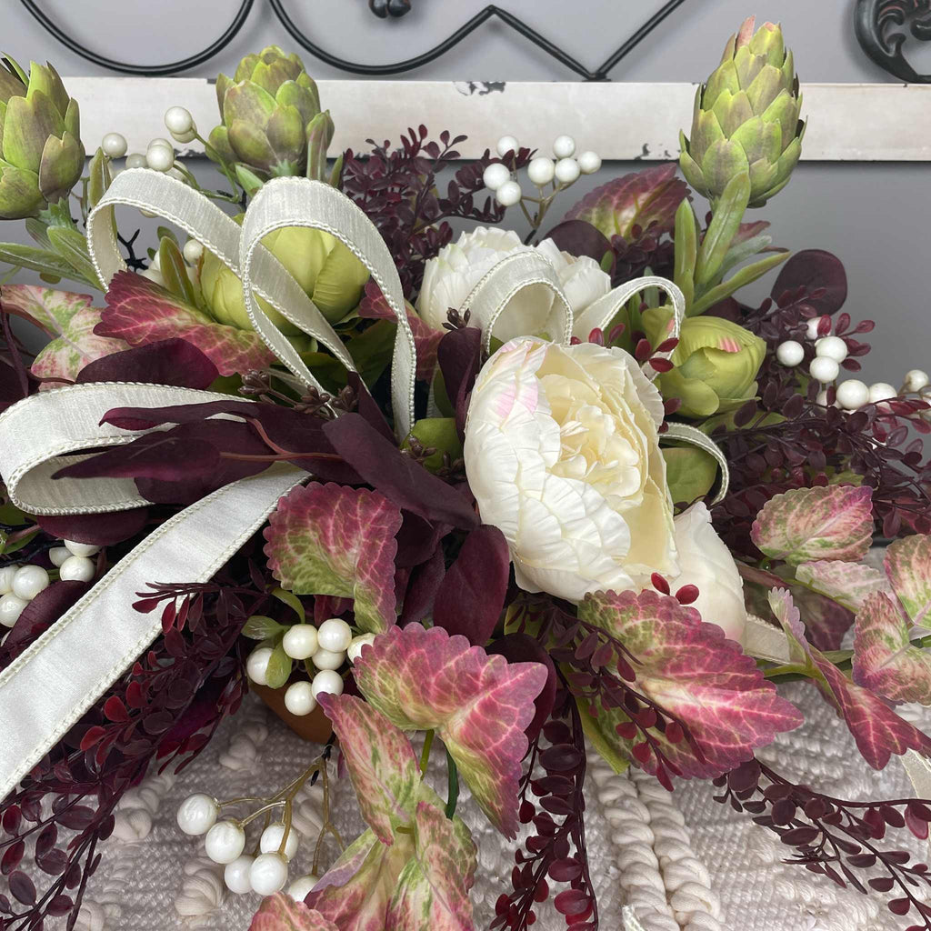 Fall Centerpiece with Cream Bow and Plum Eucalyptus in Wood Bowl