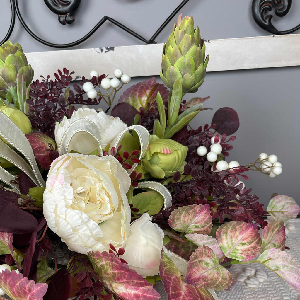 Fall Centerpiece with Cream Bow and Plum Eucalyptus in Wood Bowl