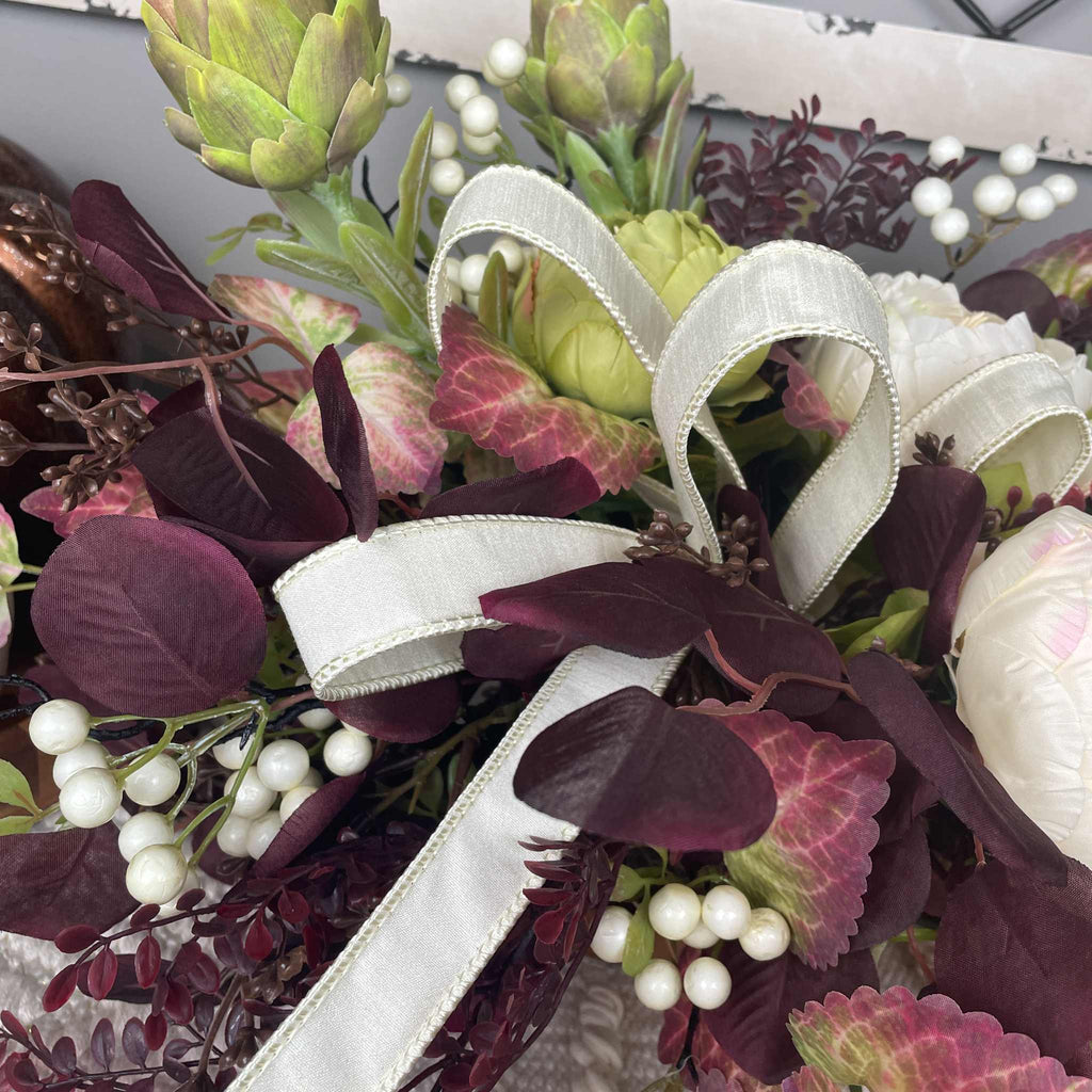 Fall Centerpiece with Cream Bow and Plum Eucalyptus in Wood Bowl