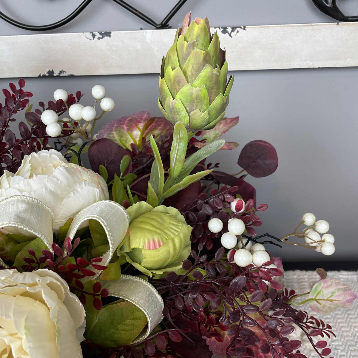 Fall Centerpiece with Cream Bow and Plum Eucalyptus in Wood Bowl