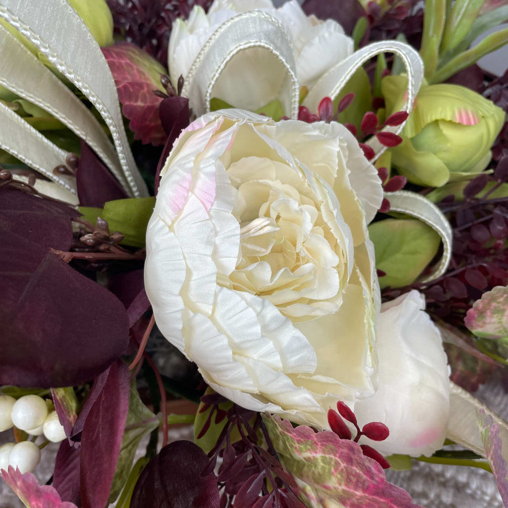 Fall Centerpiece with Cream Bow and Plum Eucalyptus in Wood Bowl