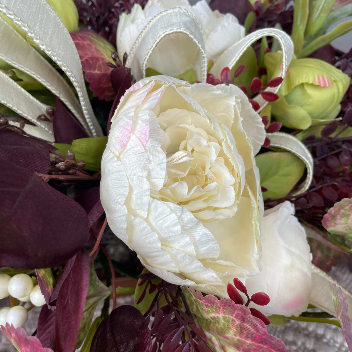Fall Centerpiece with Cream Bow and Plum Eucalyptus in Wood Bowl