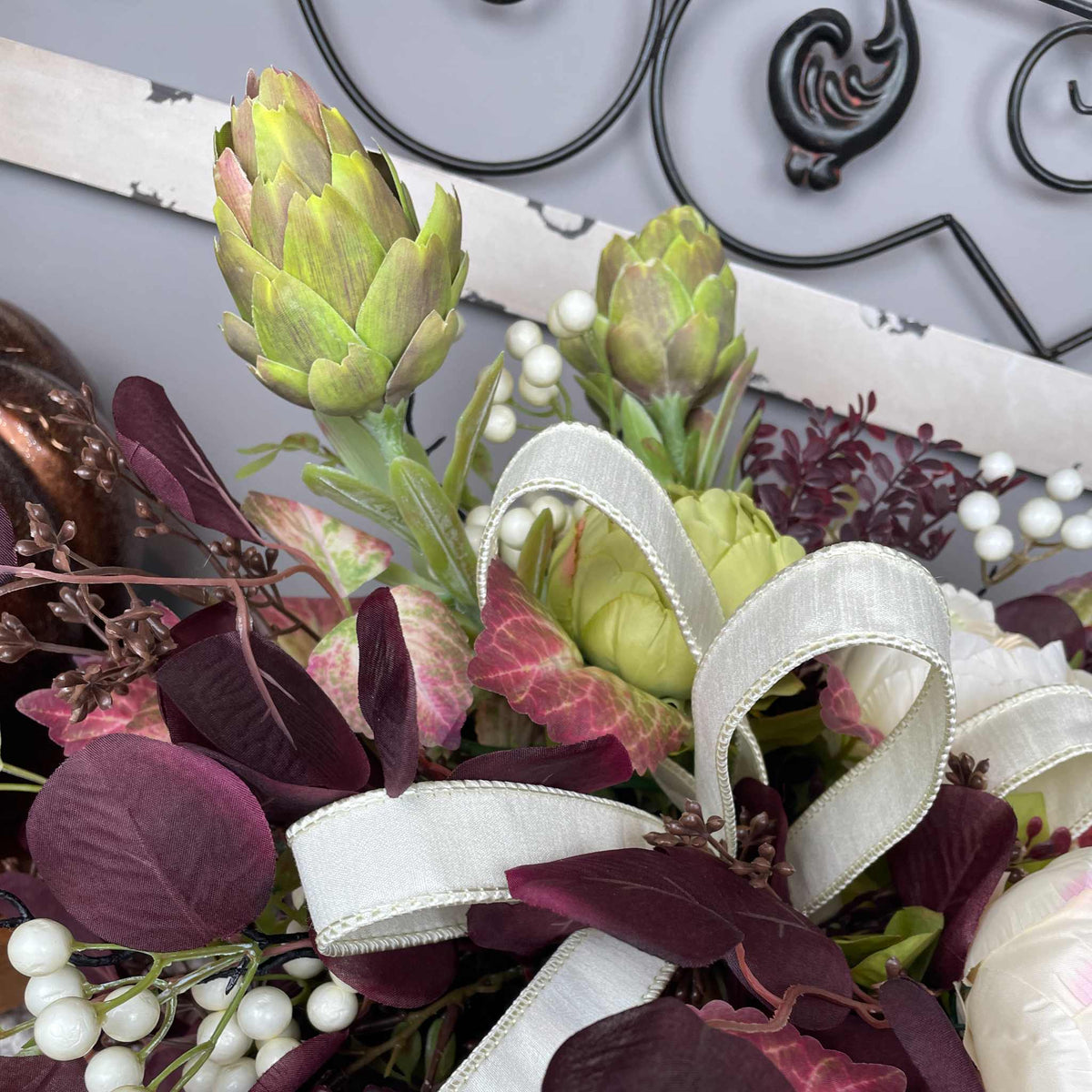 Fall Centerpiece with Cream Bow and Plum Eucalyptus in Wood Bowl