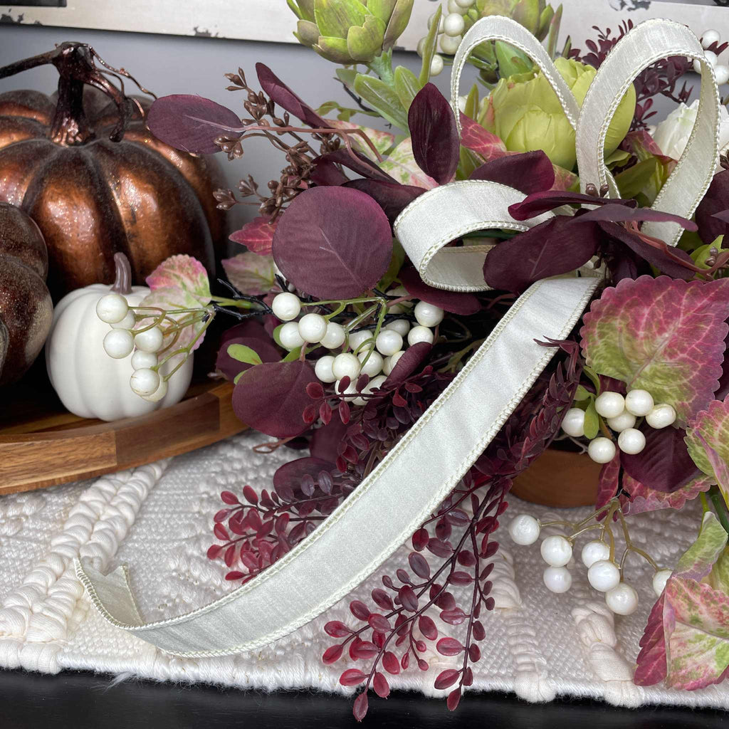Fall Centerpiece with Cream Bow and Plum Eucalyptus in Wood Bowl