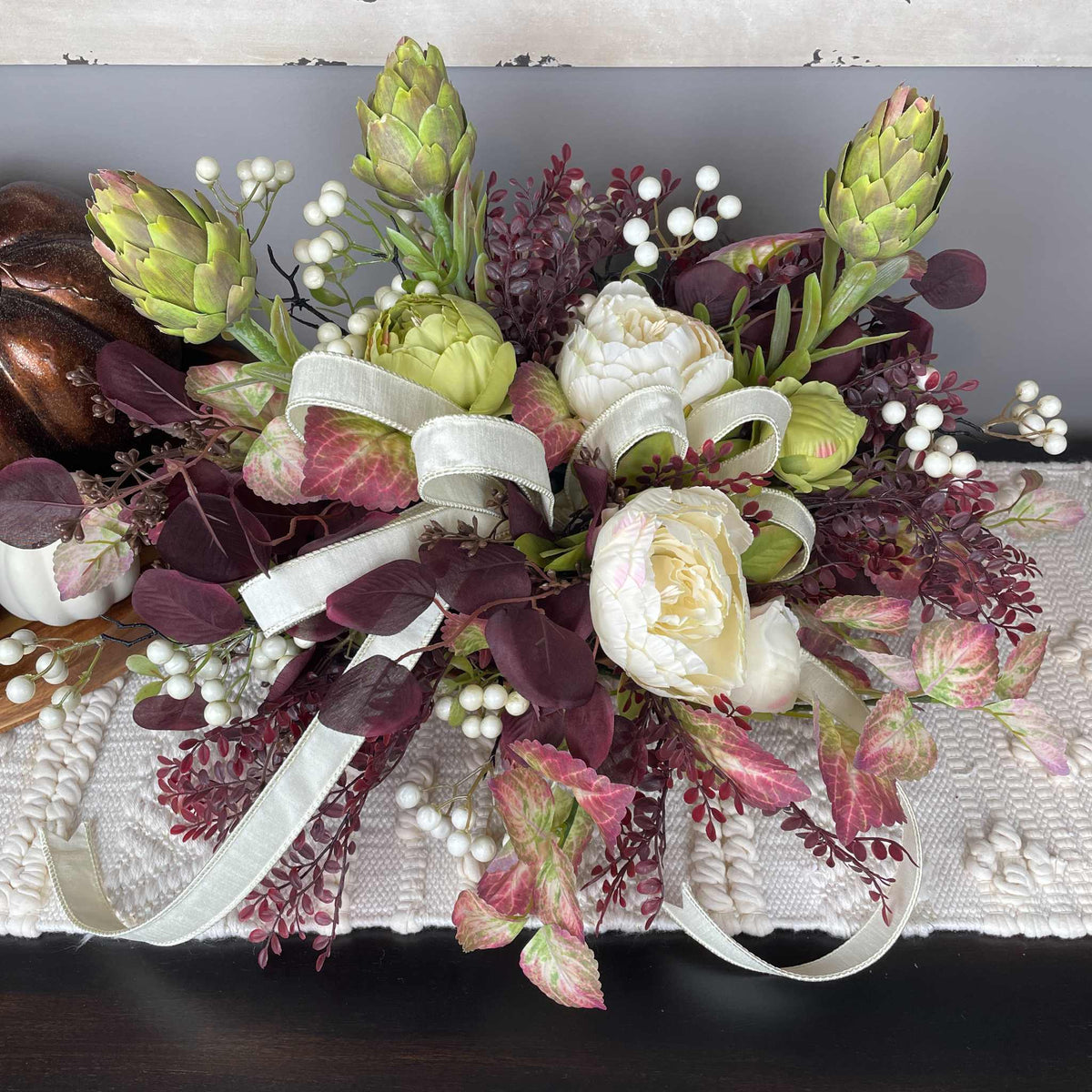 Fall Centerpiece with Cream Bow and Plum Eucalyptus in Wood Bowl