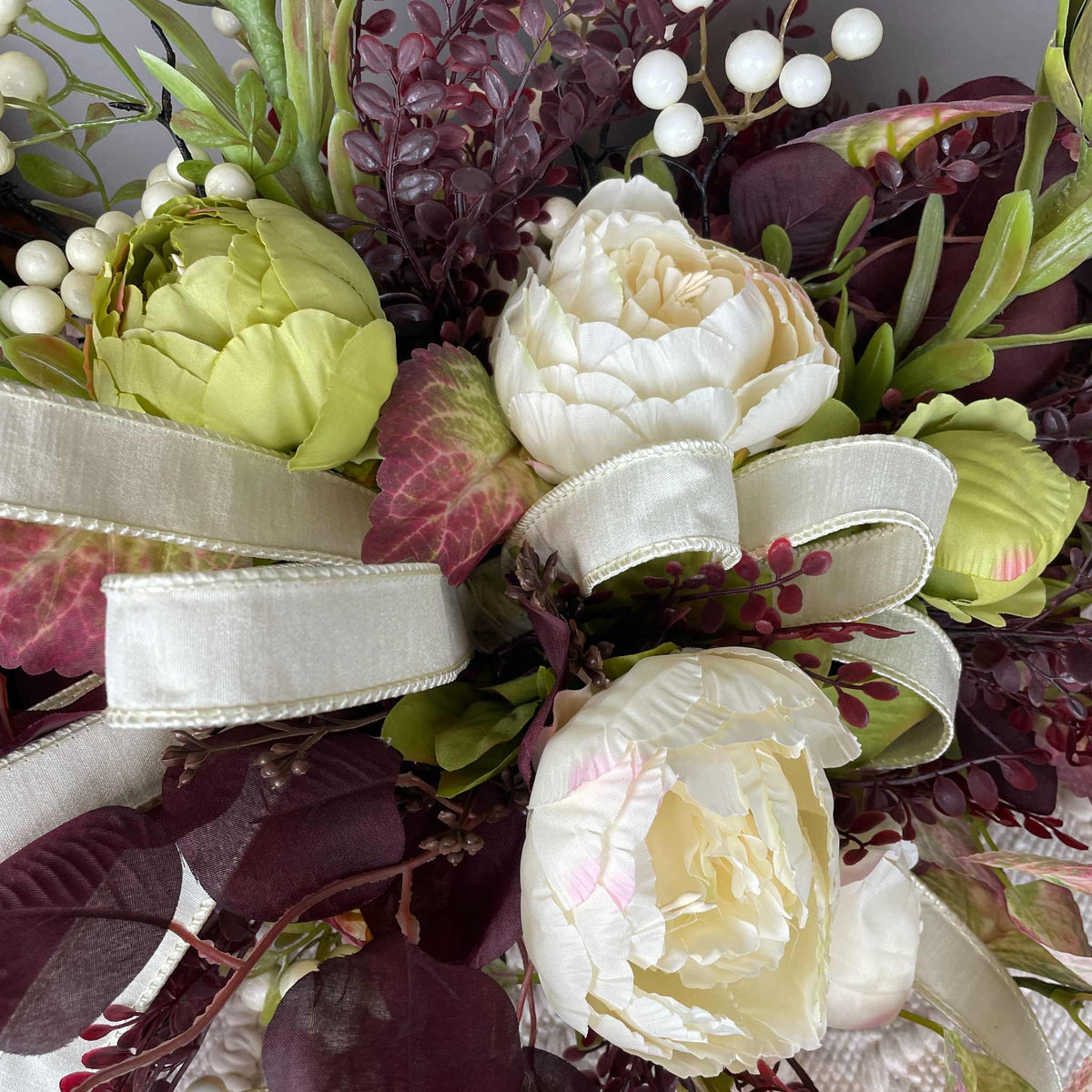 Fall Centerpiece with Cream Bow and Plum Eucalyptus in Wood Bowl