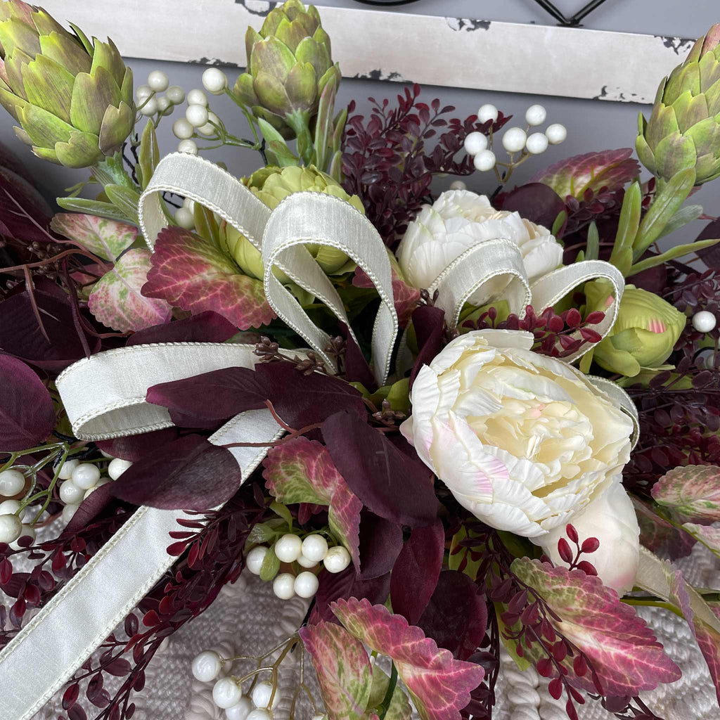 Fall Centerpiece with Cream Bow and Plum Eucalyptus in Wood Bowl