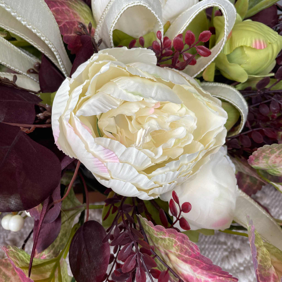 Fall Centerpiece with Cream Bow and Plum Eucalyptus in Wood Bowl