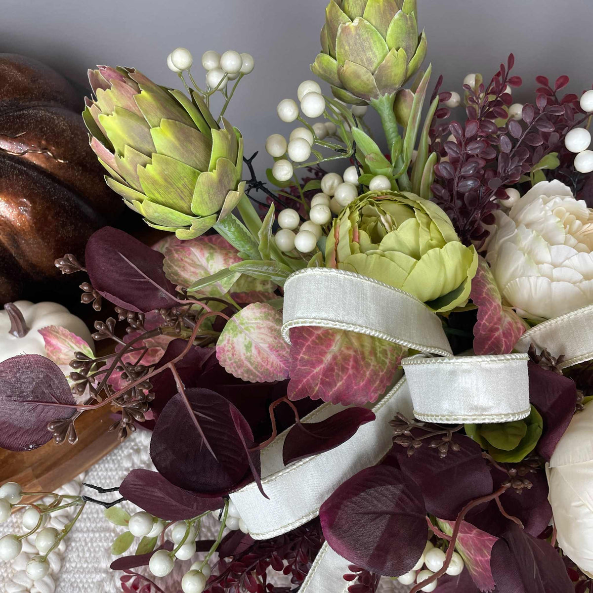 Fall Centerpiece with Cream Bow and Plum Eucalyptus in Wood Bowl