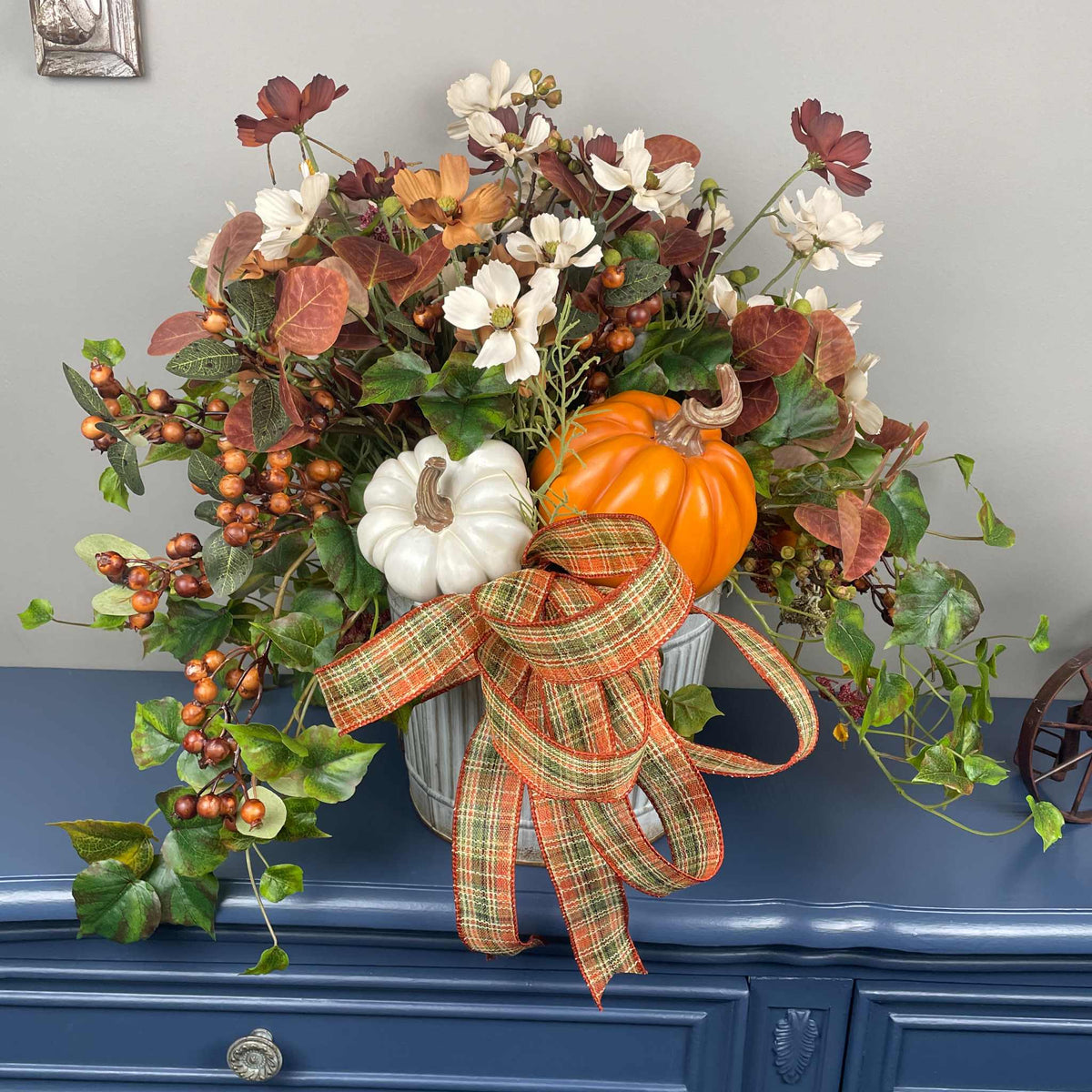 Fall Centerpiece with Pumpkins in Galvanized Metal Planter Arrangement