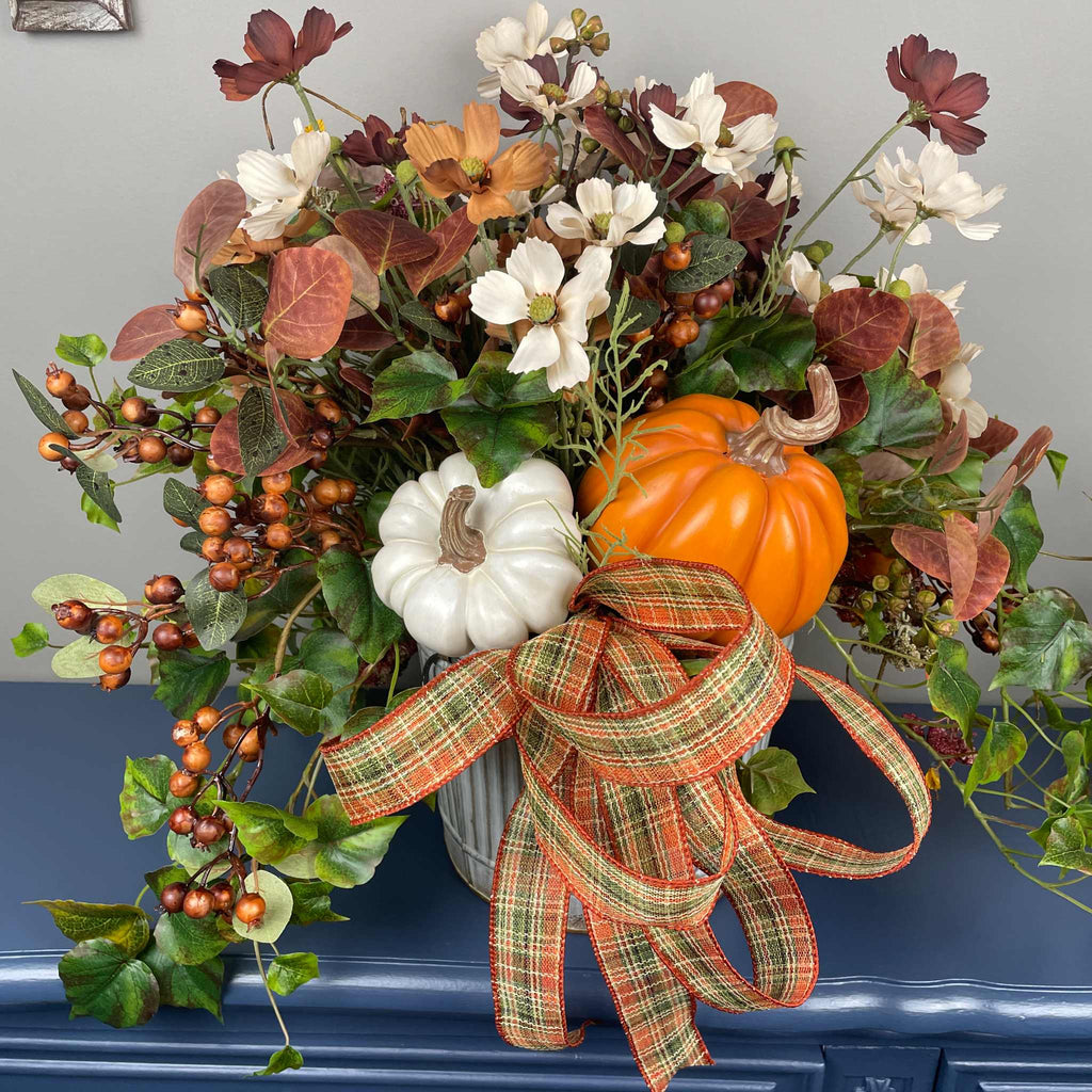 Fall Centerpiece with Pumpkins in Galvanized Metal Planter Arrangement