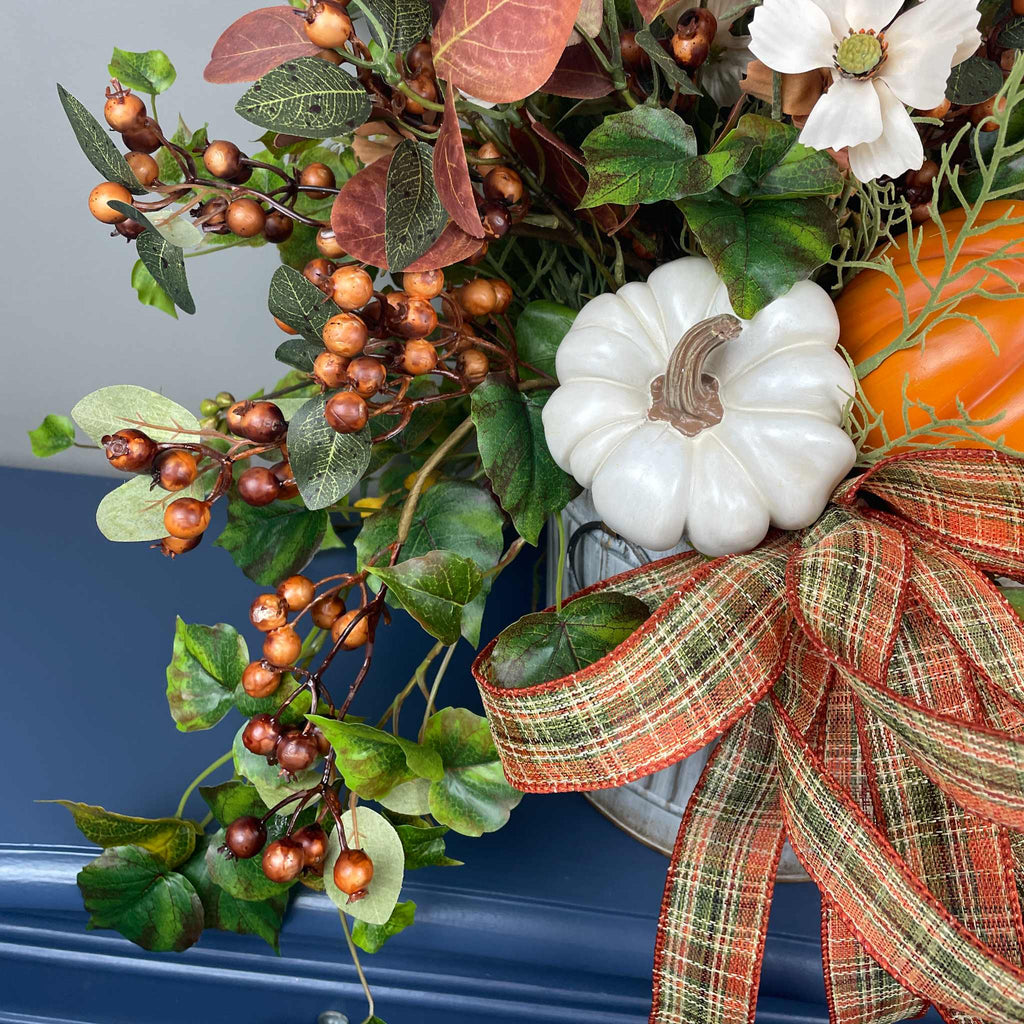 Fall Centerpiece with Pumpkins in Galvanized Metal Planter Arrangement