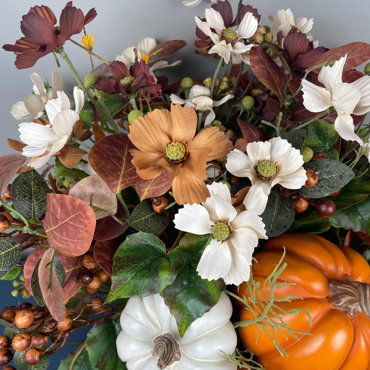 Fall Centerpiece with Pumpkins in Galvanized Metal Planter Arrangement